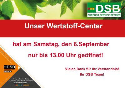 Wertstoff-Center am 6.9.2025 ab 13.00 Uhr geschlossen
